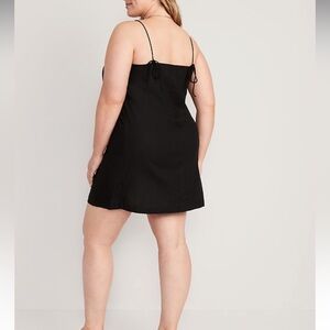 Black Spaghetti Strap Dress Linen Blend Tie Mini Dress Medium Petite M Short